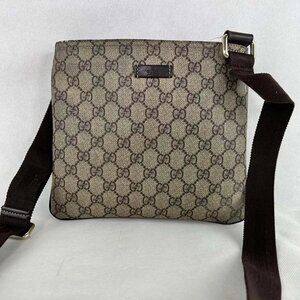 Authentic Gucci GG Monogram Canvas Dark Brown Leather Shoulder Crossbody Bag 201